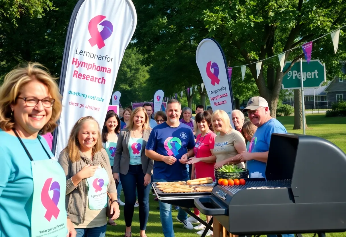 Participants at a fundraising event for lymphoma research with banners and community engagement.