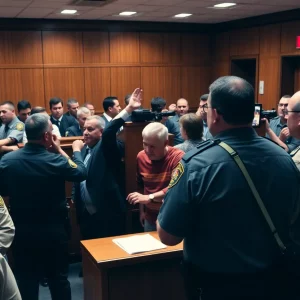 Courtroom disturbance scene in Knoxville with law enforcement present.