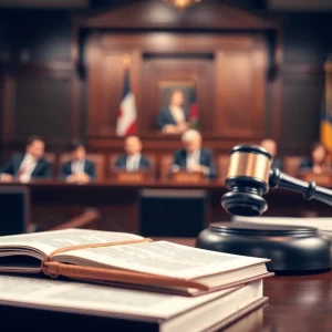 A courtroom setting illustrating a legal hearing regarding juvenile sentencing.