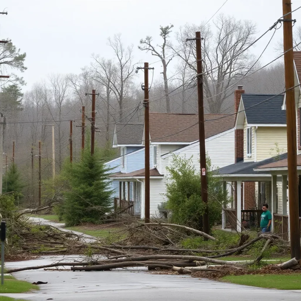 Storm damage in Cumberland County, Tennessee, showing affected homes and downed trees.