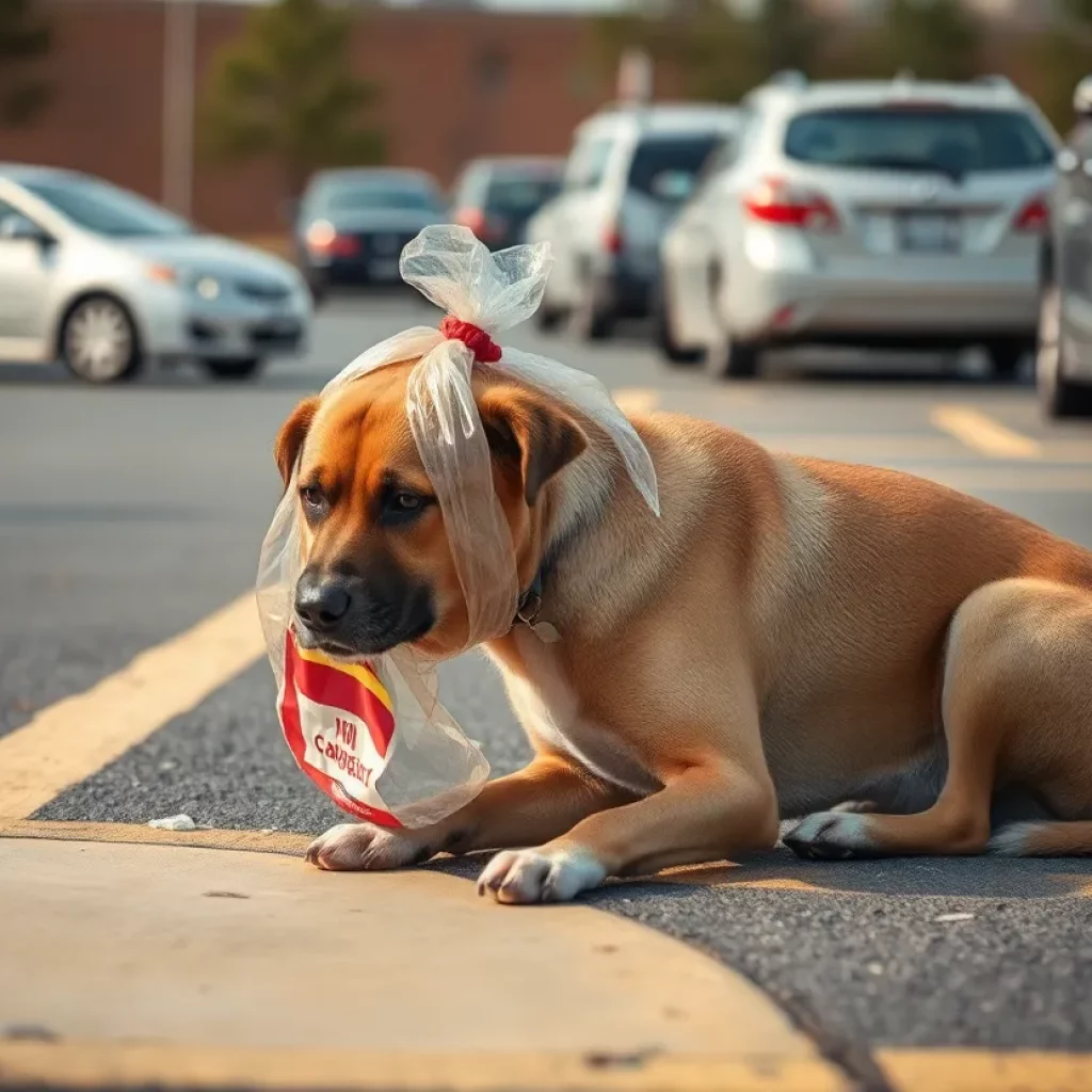 A dead dog found in a parking lot with a bag tied around its head