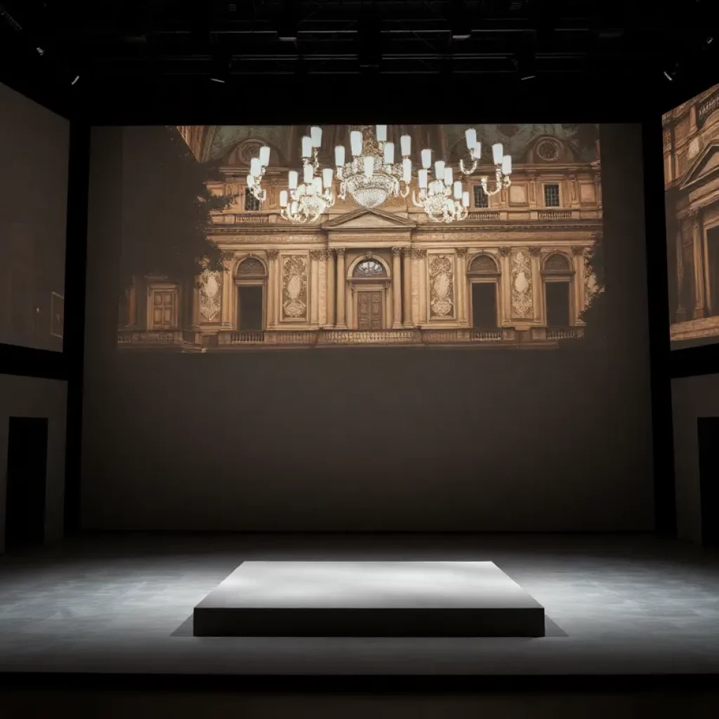 Minimalist stage setup for Dialogues of the Carmelites opera at Bijou Theatre.