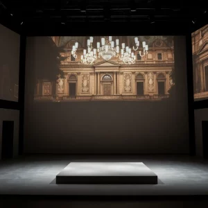 Minimalist stage setup for Dialogues of the Carmelites opera at Bijou Theatre.