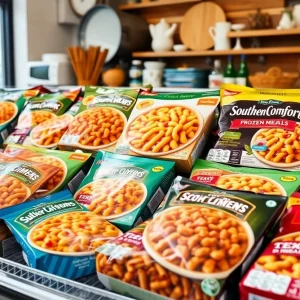 Display of Dolly Parton's frozen meals in a grocery store freezer