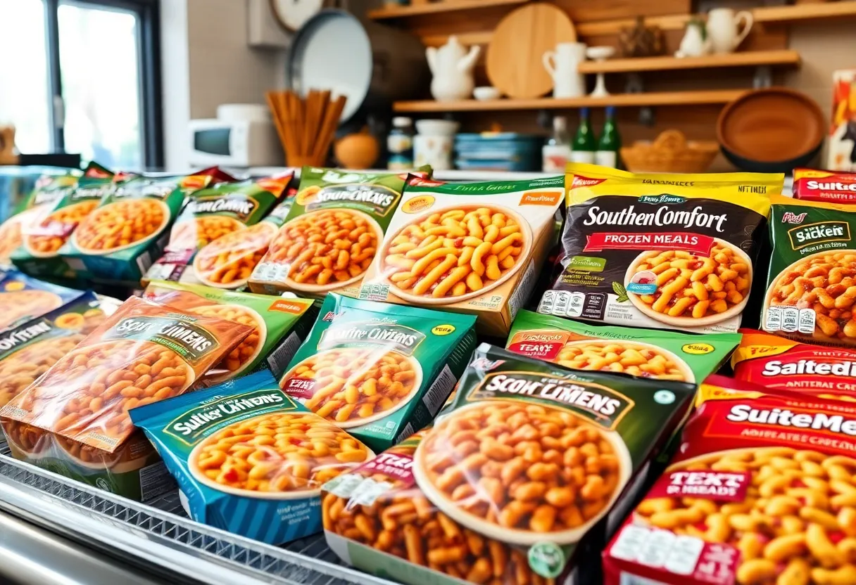 Display of Dolly Parton's frozen meals in a grocery store freezer