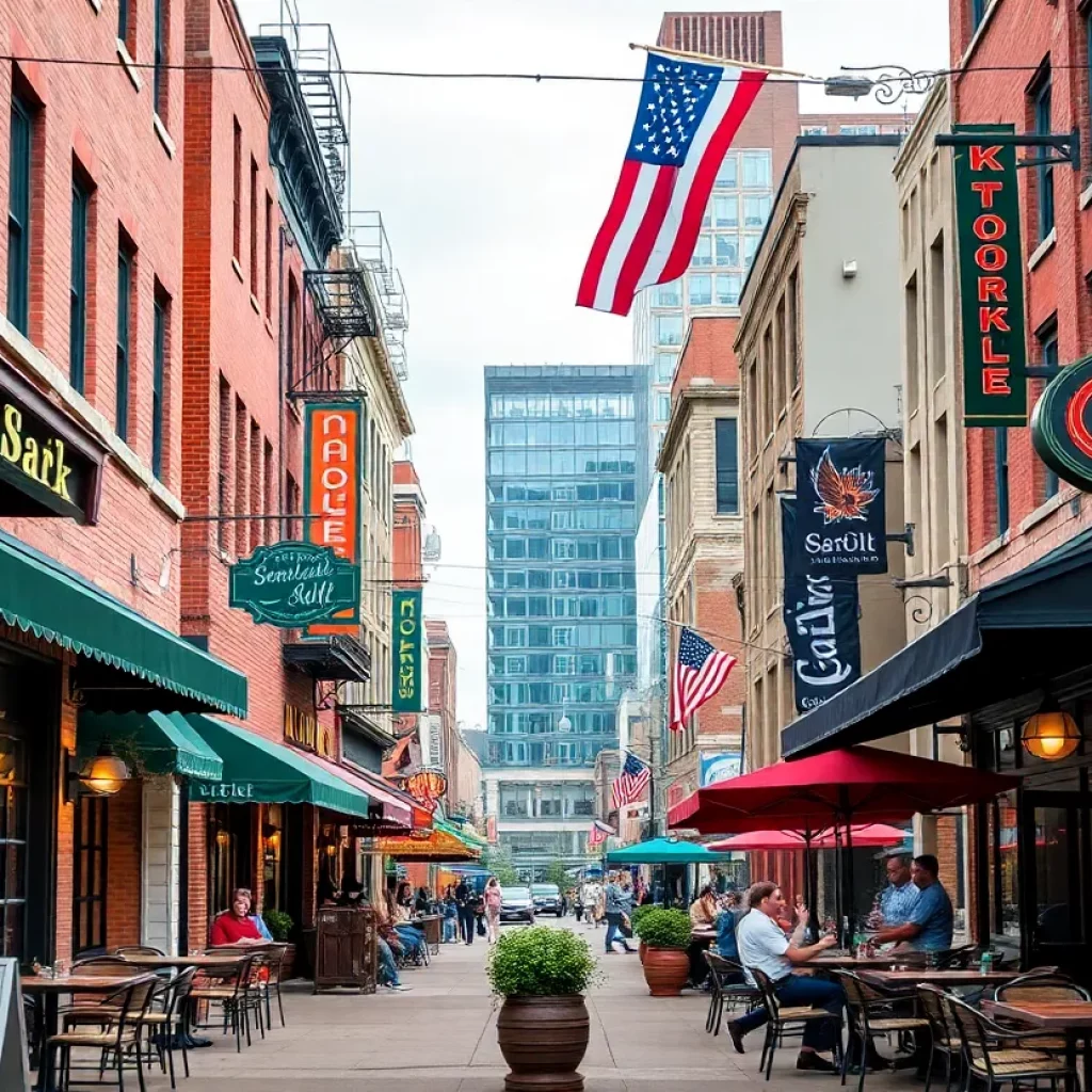 A lively street in downtown Knoxville with restaurants, music venues, and local artists display.