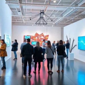 Visitors exploring the Electricity for All exhibition at the Knoxville Museum of Art