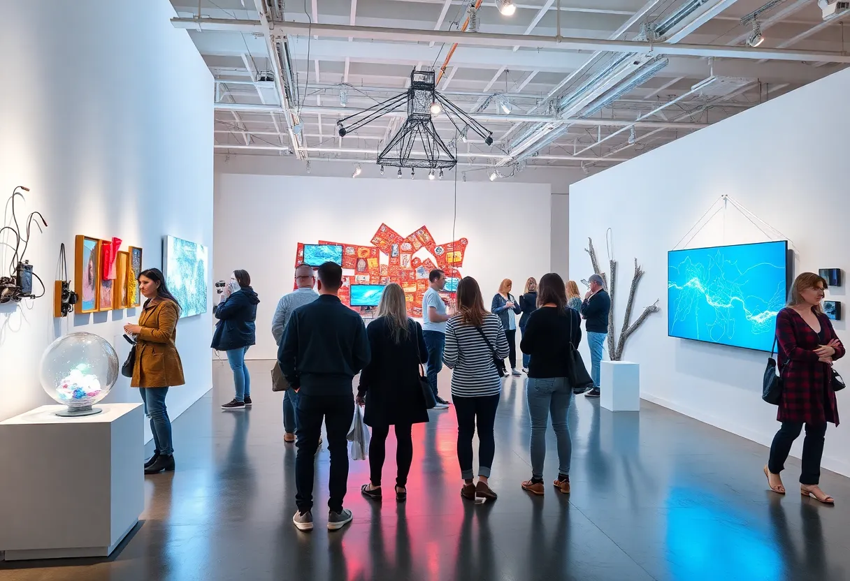 Visitors exploring the Electricity for All exhibition at the Knoxville Museum of Art