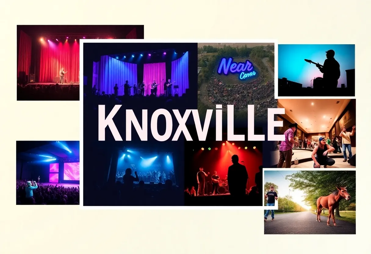 Collage of events happening in Knoxville including theater, music, and outdoor activities.