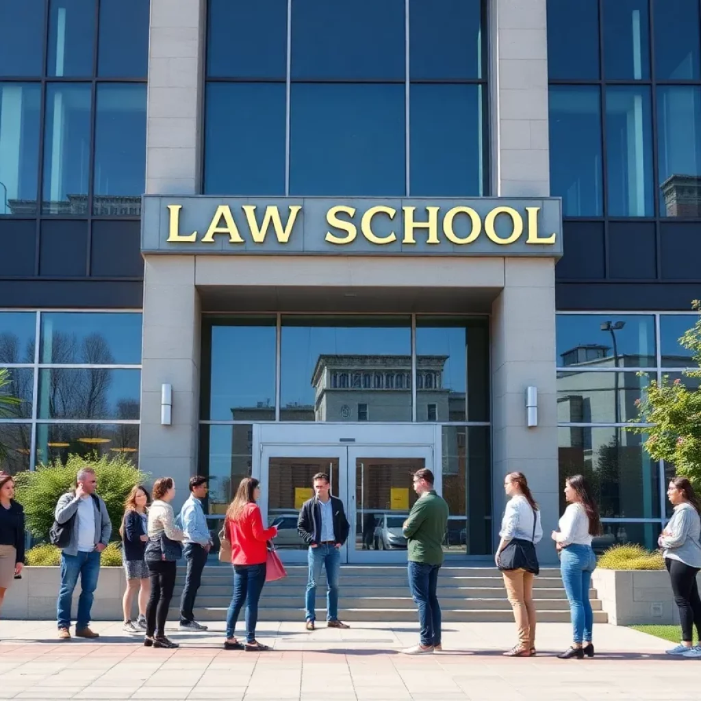 Exterior view of the Frank Winston College of Law building with students.