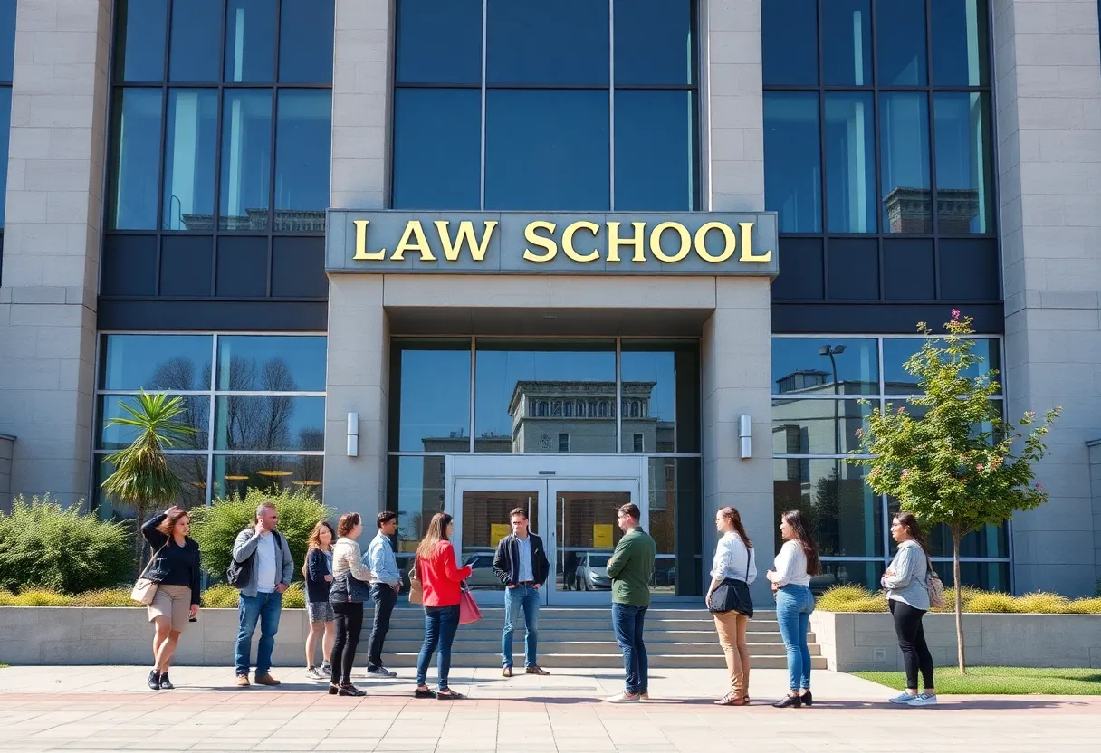 Exterior view of the Frank Winston College of Law building with students.