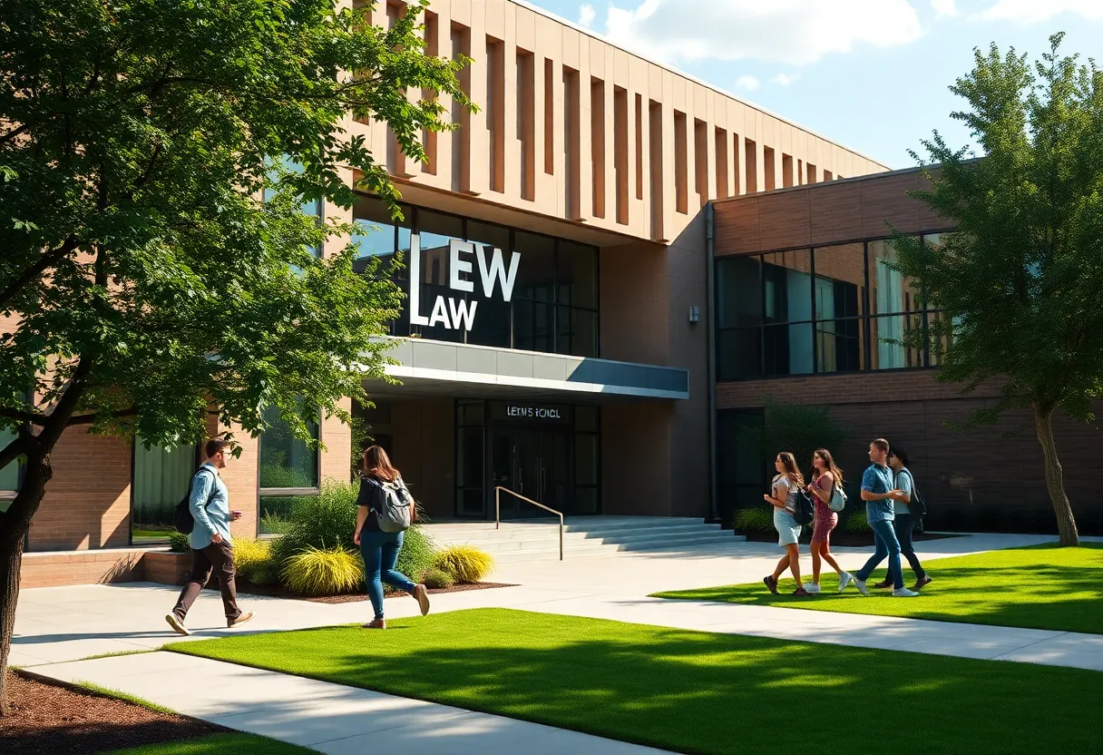 Exterior view of the Frank Winston College of Law with students.