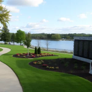 French Broad Veterans Memorial Park showcasing memorial landscaping and a walking trail.