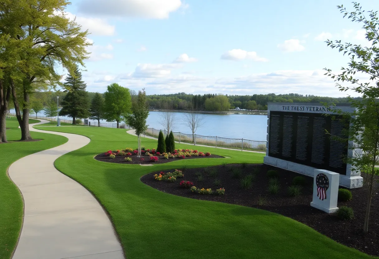 French Broad Veterans Memorial Park showcasing memorial landscaping and a walking trail.