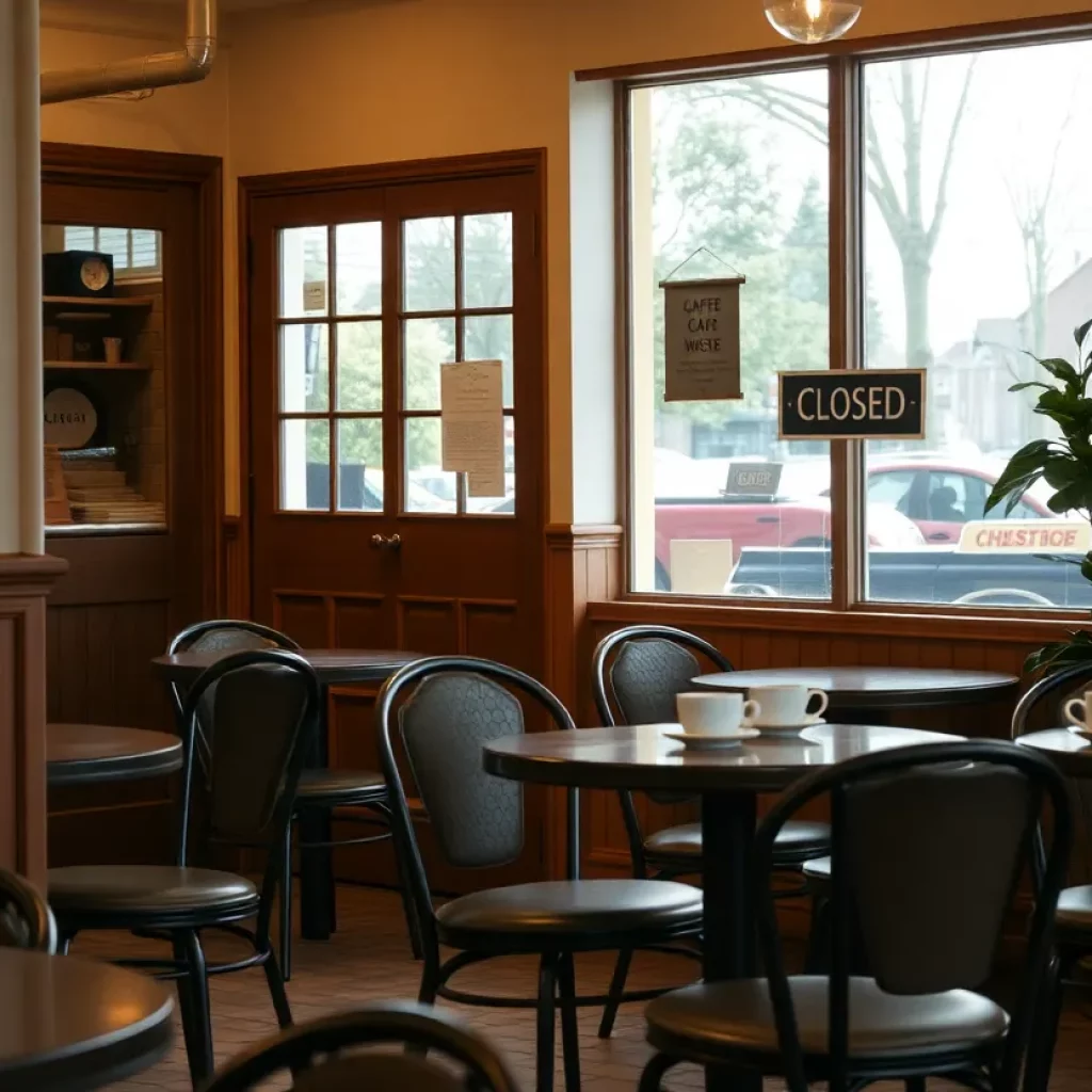 Empty interior of Frothy Monkey café with coffee cups and a closed sign.