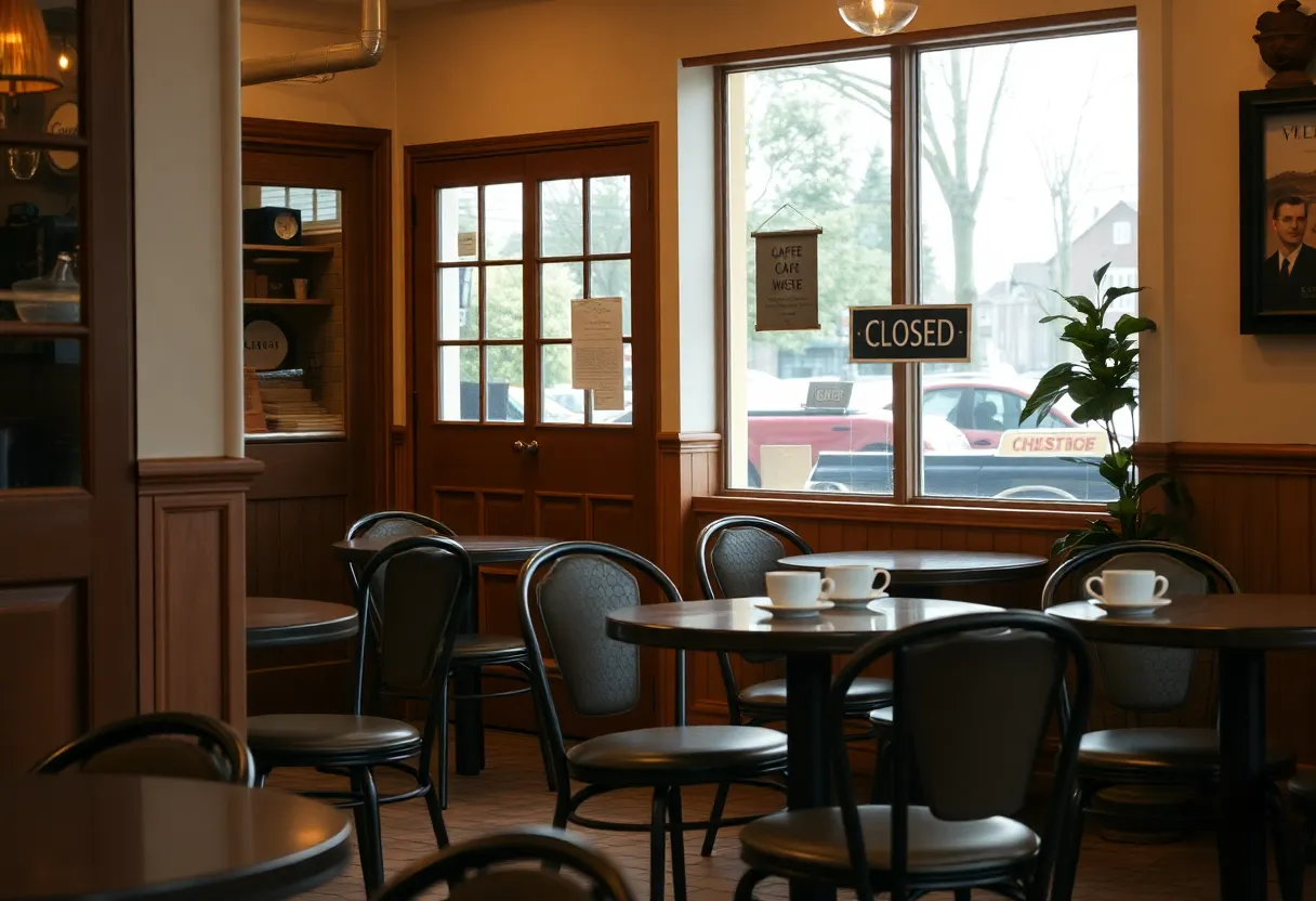 Empty interior of Frothy Monkey café with coffee cups and a closed sign.