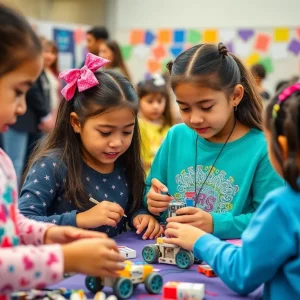 Girls engaging in robotics and STEM activities at an event