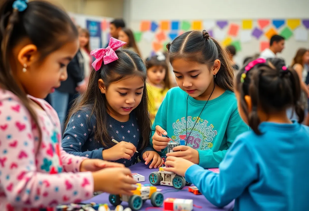 Girls engaging in robotics and STEM activities at an event