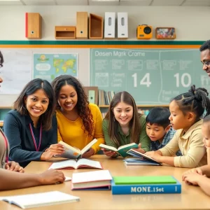 Diverse group of principals discussing education in a school setting