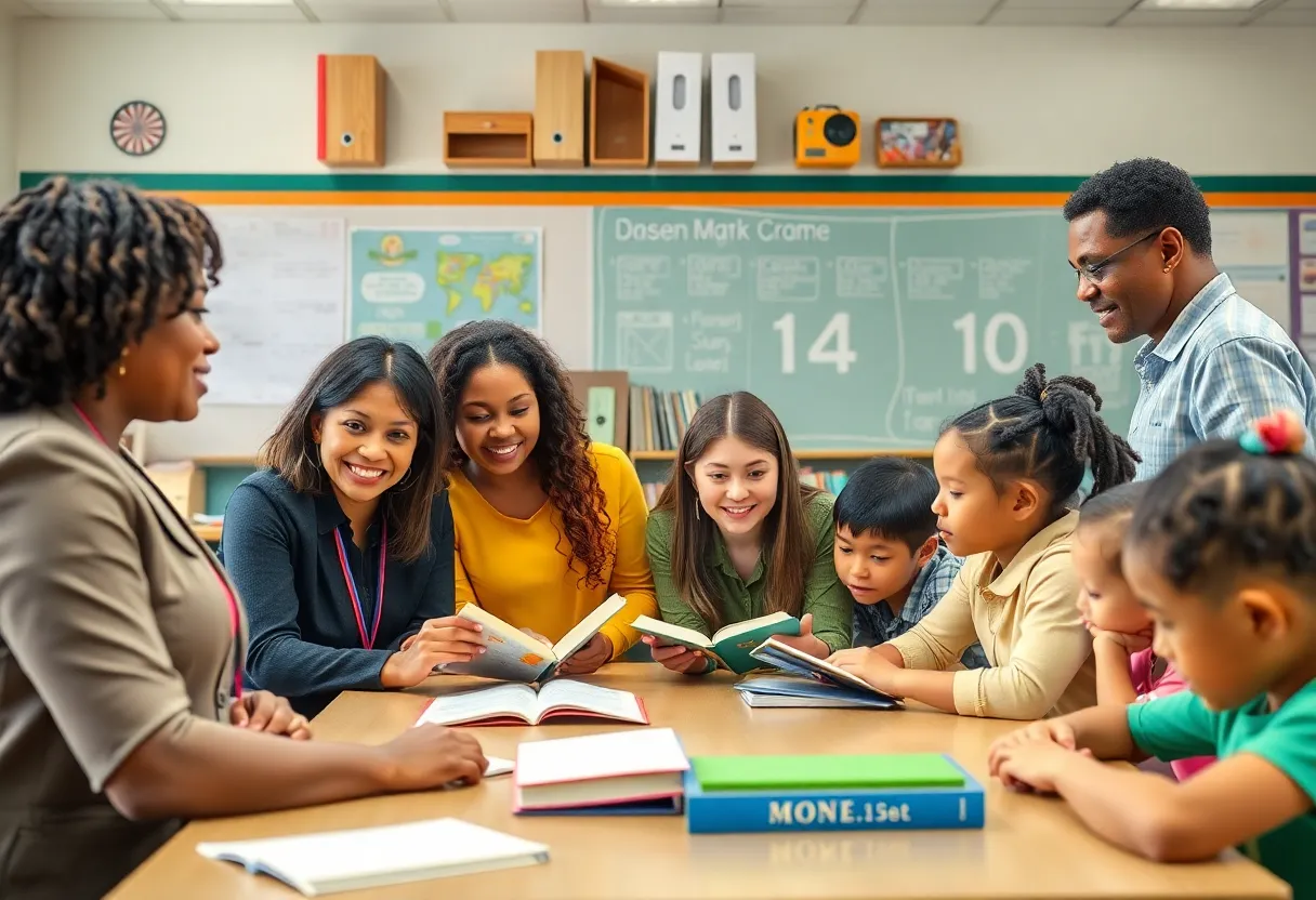 Diverse group of principals discussing education in a school setting