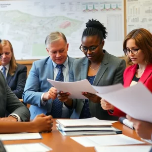 Diverse city council members discussing budget proposals in a meeting