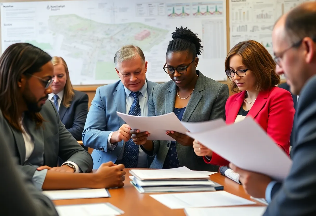 Diverse city council members discussing budget proposals in a meeting