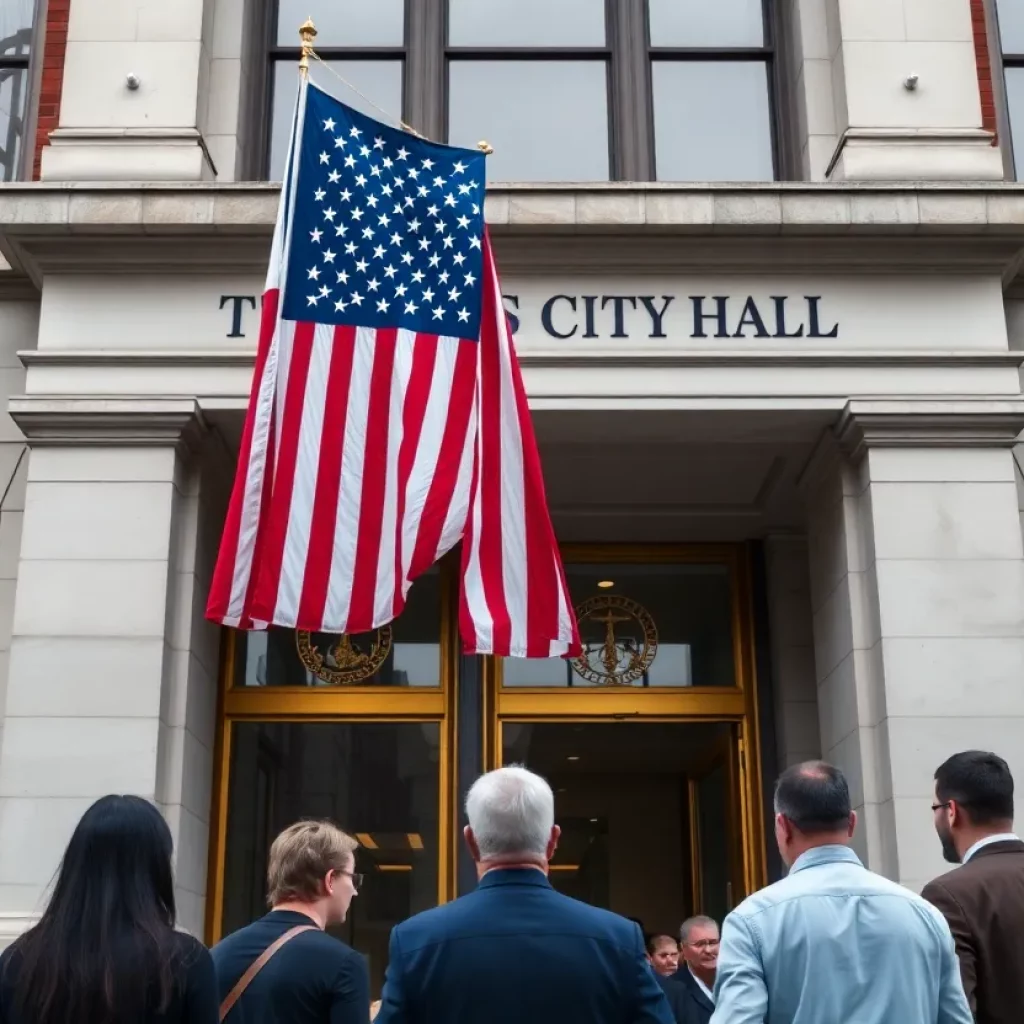 Facade of Knoxville City Hall with people discussing.
