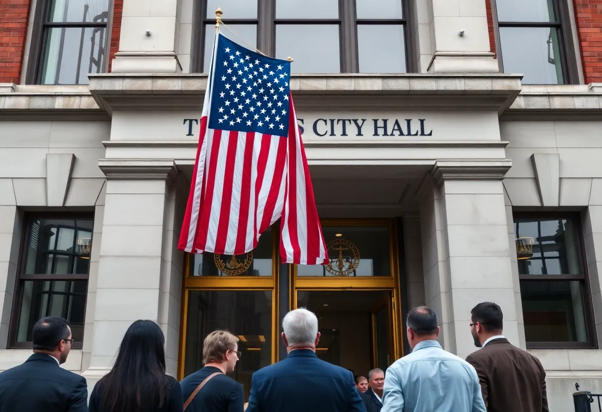 Facade of Knoxville City Hall with people discussing.