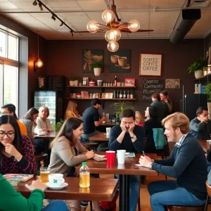 People engaging in community events at a Knoxville coffeeshop