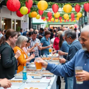 A lively community gathering in Knoxville with diverse participants enjoying food and beverages.
