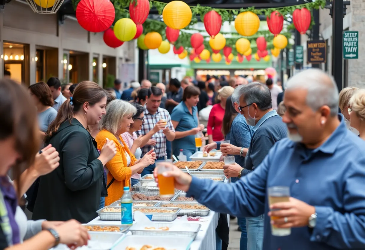 A lively community gathering in Knoxville with diverse participants enjoying food and beverages.