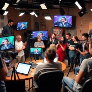 People collaborating in a media studio, representing community engagement.