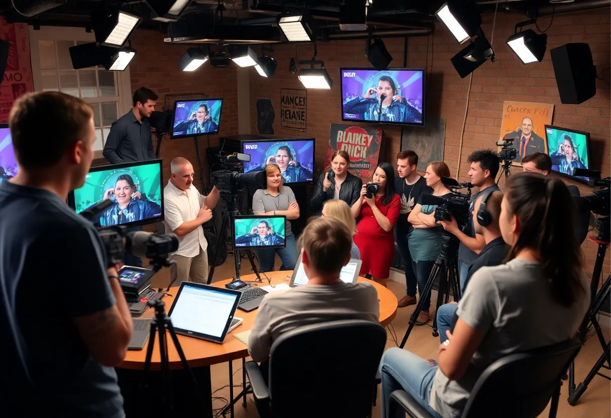 People collaborating in a media studio, representing community engagement.