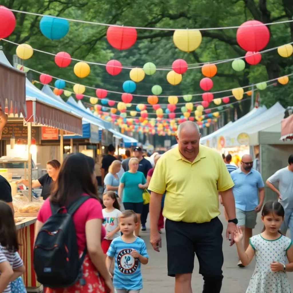Families enjoying various activities at a Knoxville festival with food stalls and decorations.