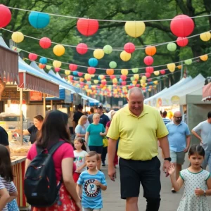 Families enjoying various activities at a Knoxville festival with food stalls and decorations.