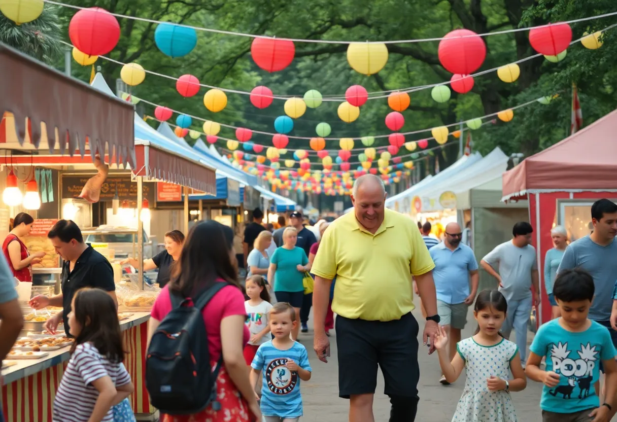 Families enjoying various activities at a Knoxville festival with food stalls and decorations.