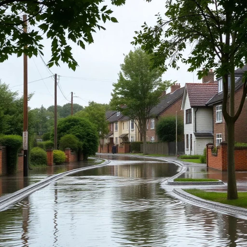 Flooded residential area in Knoxville with standing water