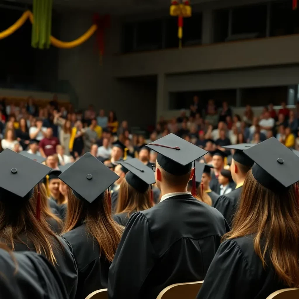 Students celebrating graduation in caps and gowns.