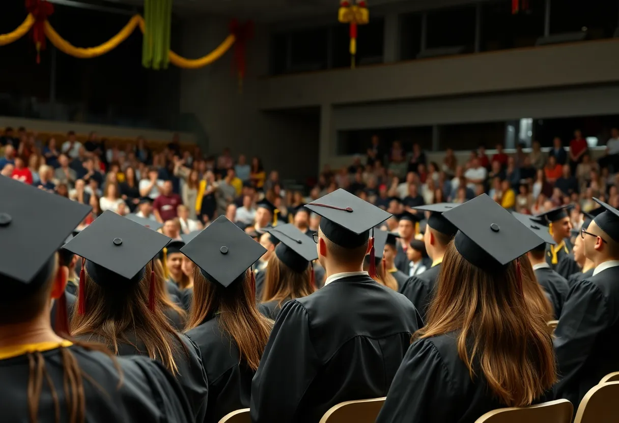 Students celebrating graduation in caps and gowns.