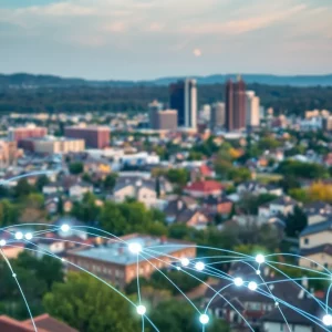 A cityscape of Knoxville with imagery representing high-speed internet connectivity.