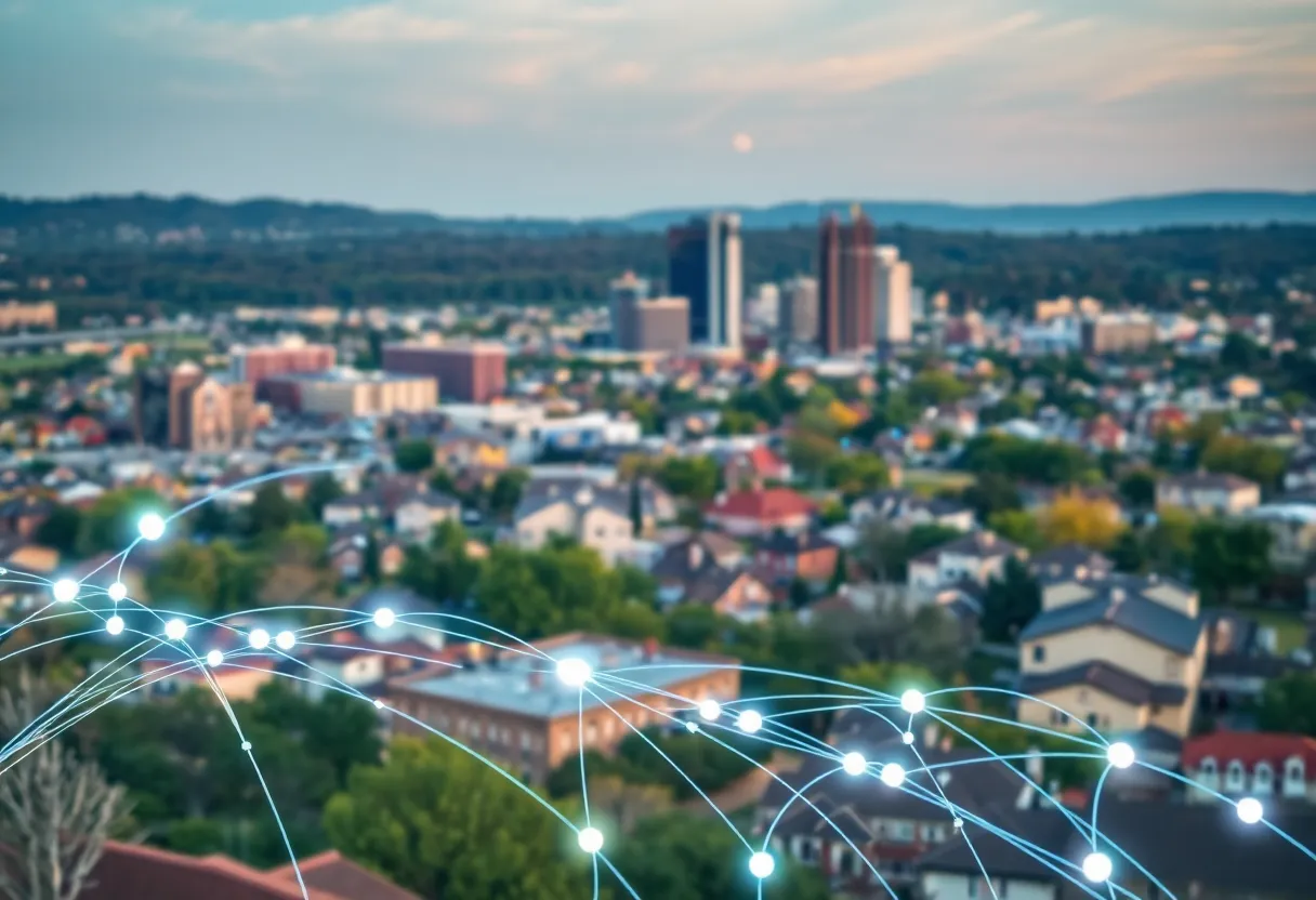 A cityscape of Knoxville with imagery representing high-speed internet connectivity.