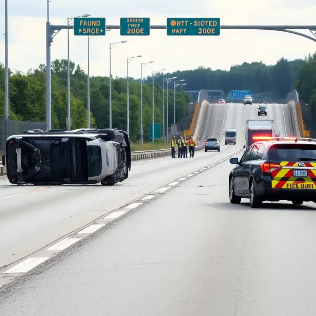 Scene of a rollover car accident on a highway ramp in Knoxville.