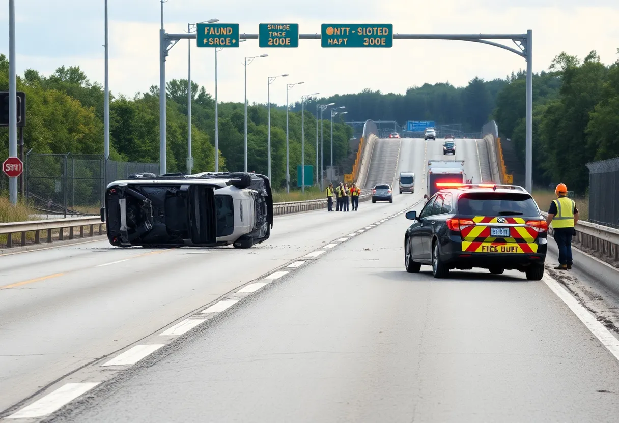 Scene of a rollover car accident on a highway ramp in Knoxville.