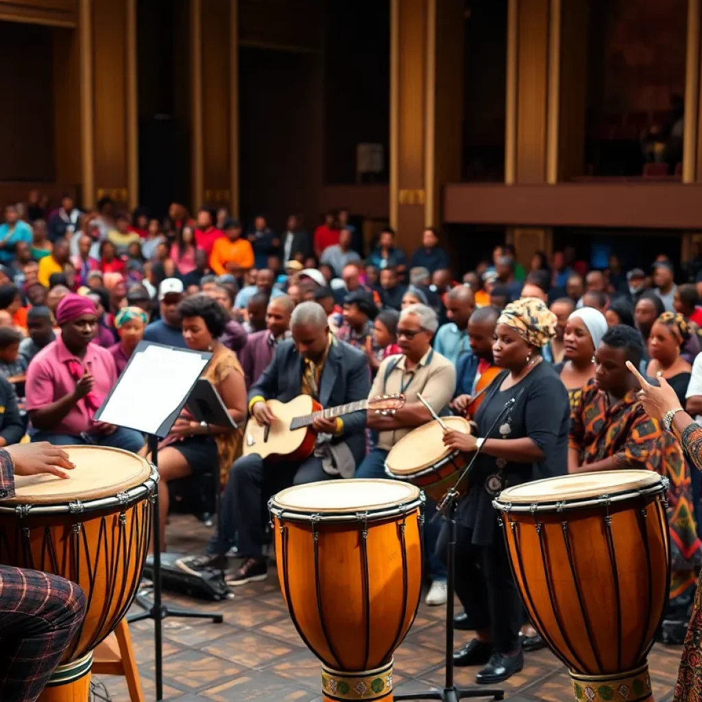 Orchestra performing with West African drums at a live concert