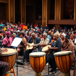 Orchestra performing with West African drums at a live concert
