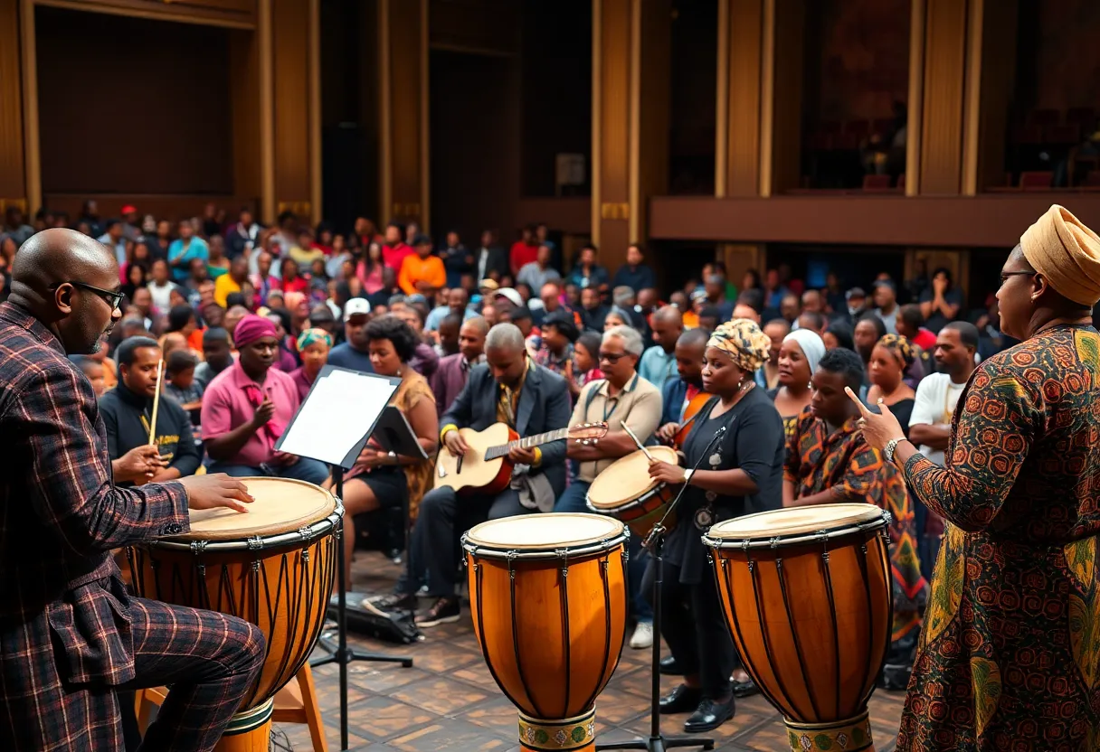 Orchestra performing with West African drums at a live concert