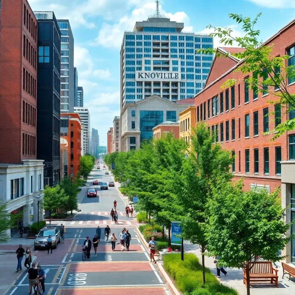 A modern cityscape of Knoxville with pedestrian-friendly areas and greenery