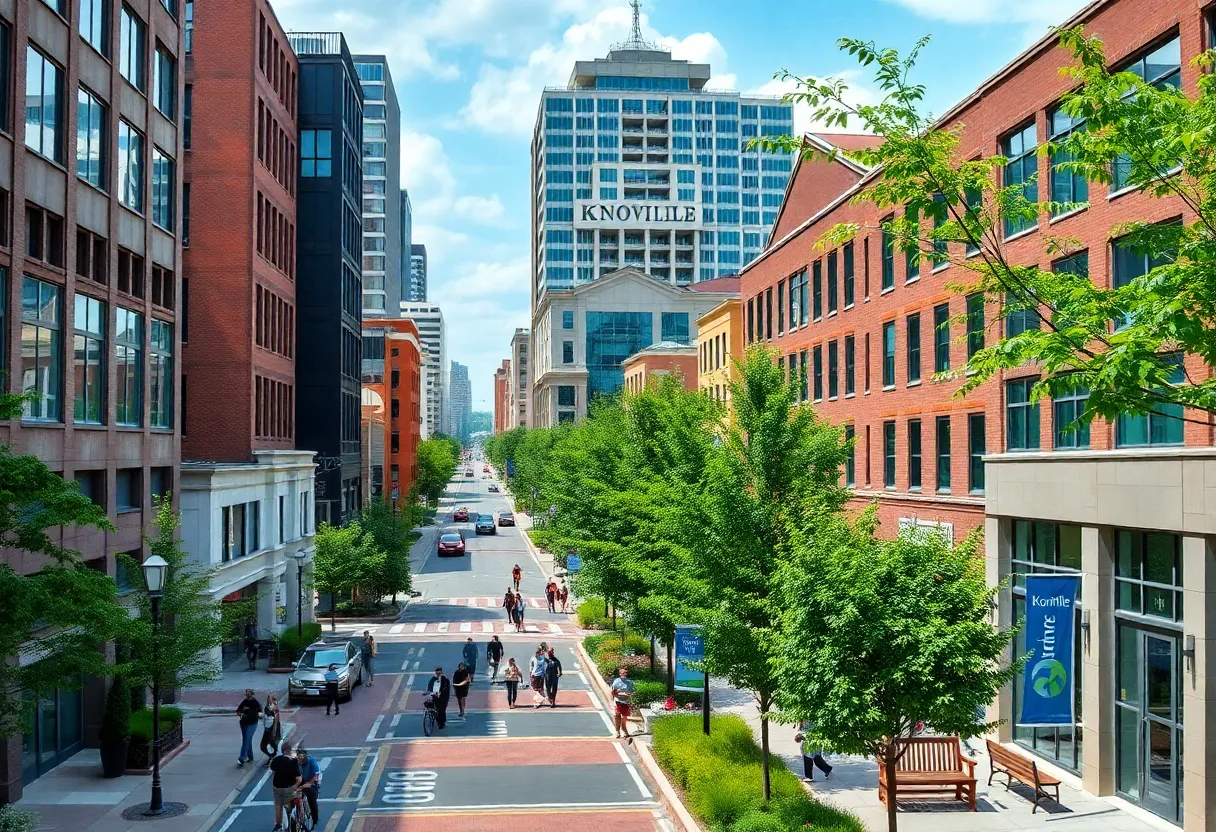 A modern cityscape of Knoxville with pedestrian-friendly areas and greenery