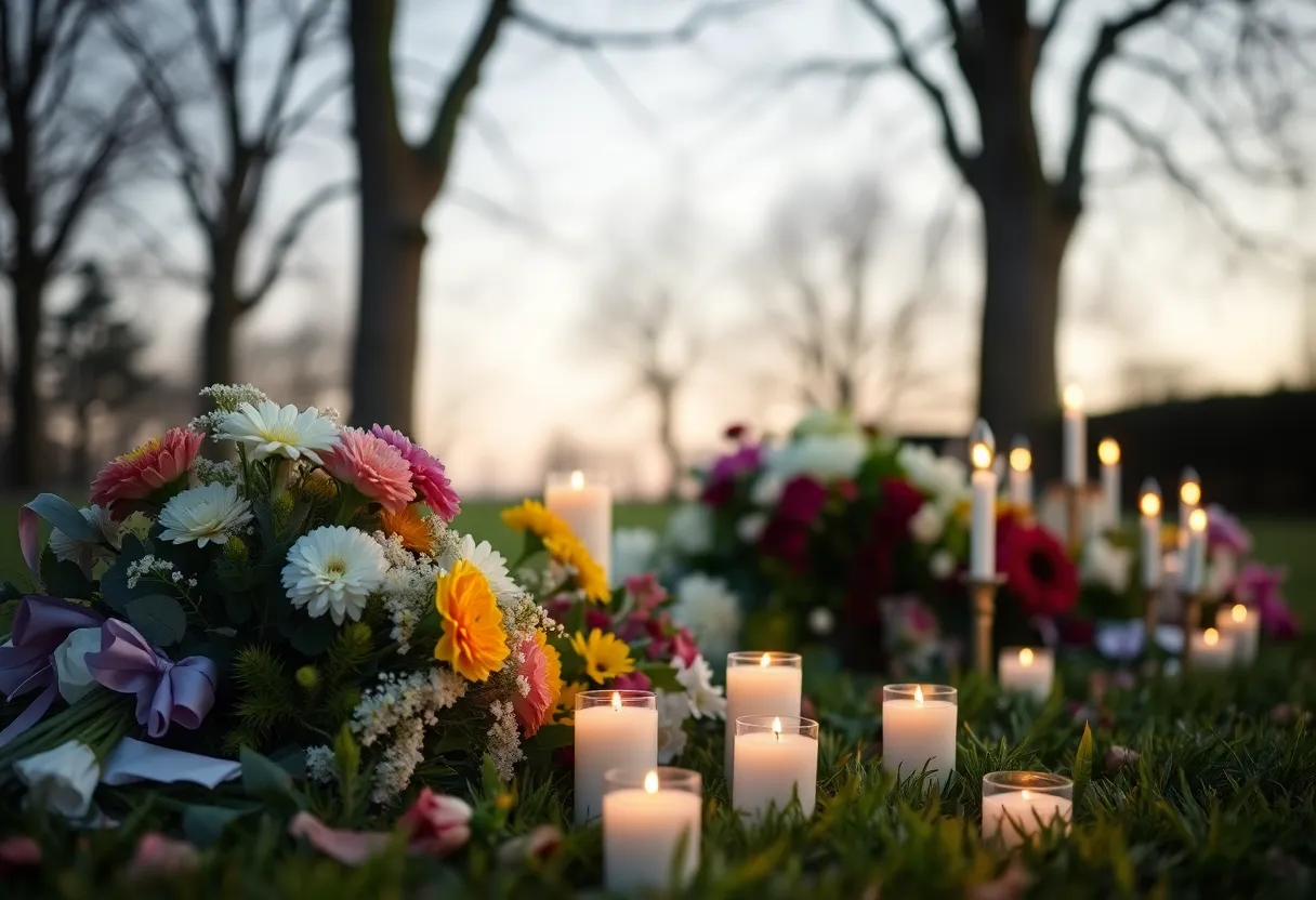 Memorial scene with flowers and candles for Mike Huffaker