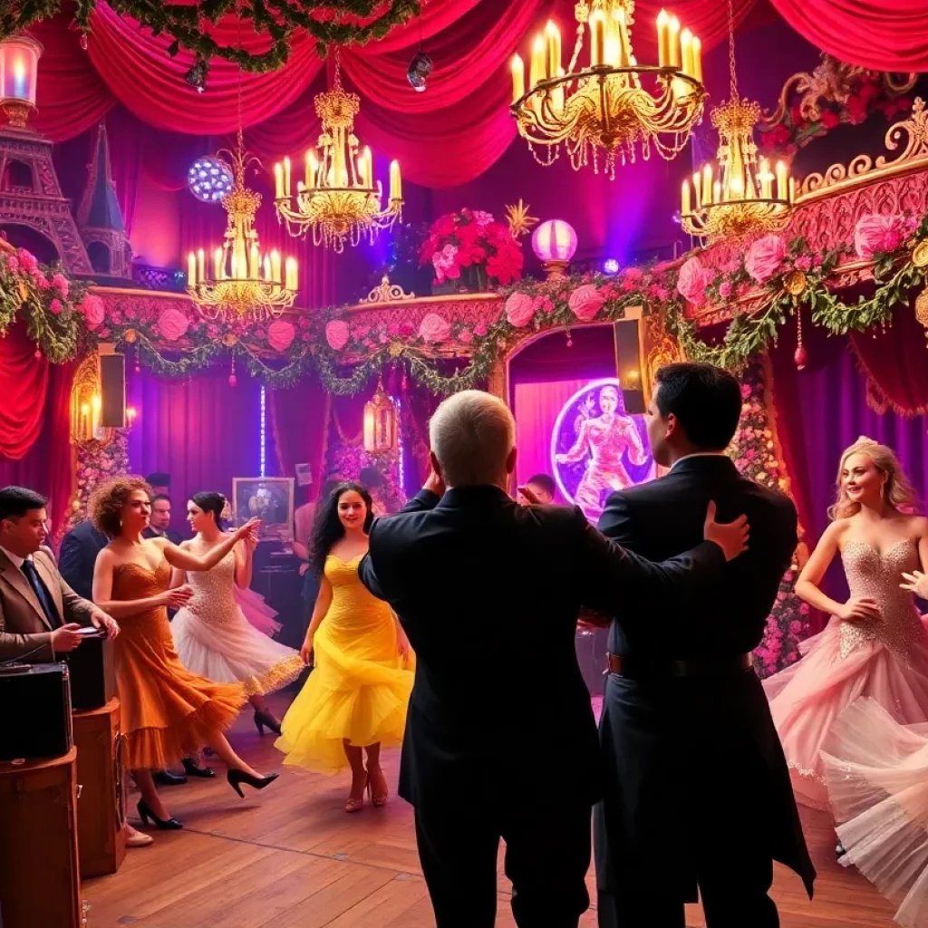 A lively performance at a Parisian cabaret with dancers and musicians.